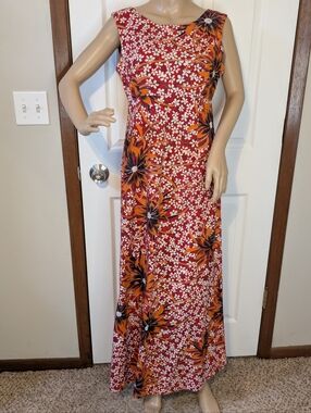 VTG MIA Fashions Red Floral Sleeveless Maxi Dress w/ Orange, White, Multi